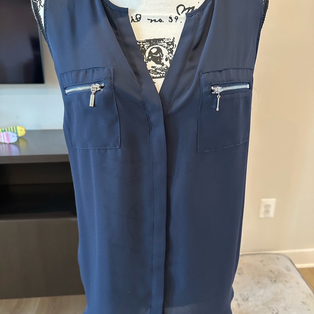Style & Co. Navy Sleeveless Zip-Pocket Blouse